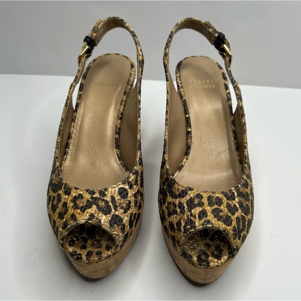 Stuart Weitzman Leopard Print Slingback Cork Wedge Size 7 - Picture 2 of 13